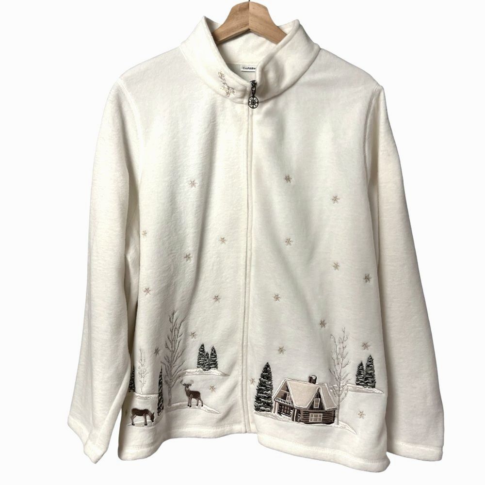 Vintage Croft & Barrow Embroidered Holiday Sweater Size 1X Full Zip Christmas